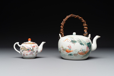 Two Chinese famille rose vases, two teapots and a Japanese wucai ewer, 19th C.