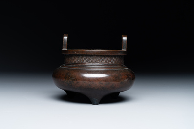 A Chinese bronze tripod censer, Ding 鼎 mark, Yuan/Ming