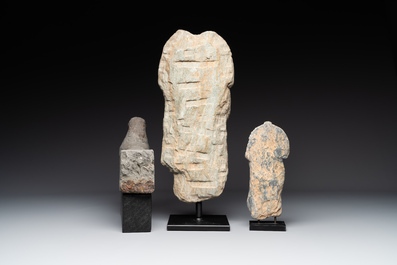 Two Gandhara grey schist torsos of Buddha and a tiger sculpture, 1st/3rd C.