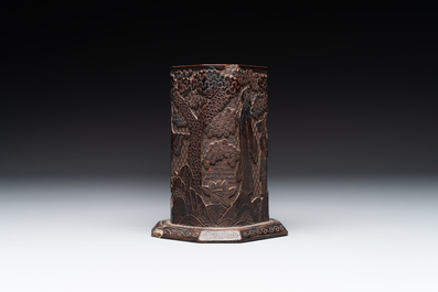 A Chinese tixi lacquer brush pot, 'bitong', Ming