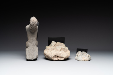 Two Gandhara grey schist torsos of Buddha and a tiger sculpture, 1st/3rd C.