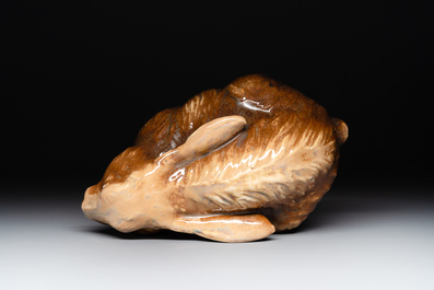 A fine Chinese cafe-au-lait glazed hare on wooden stand, Tian 天 mark, Qing