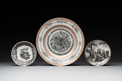 Two Chinese export grisaille cups and saucers and a plate, Qianlong