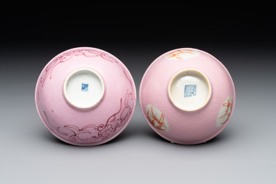 A Chinese ge-type brush washer, a pair of pink bowls, two plates and a saucer, Kangxi and later
