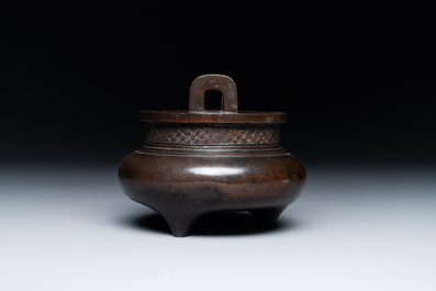 A Chinese bronze tripod censer, Ding 鼎 mark, Yuan/Ming