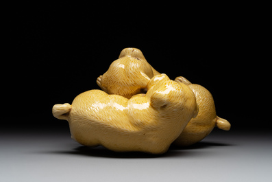 A Chinese monochrome yellow-glazed group of two playing dogs, 19th C.