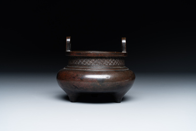 A Chinese bronze tripod censer, Ding 鼎 mark, Yuan/Ming