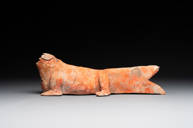 A Chinese Mingqi terracotta amphibian-shaped grave guardian with human head, Western Han