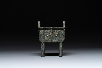 A Chinese rectangular bronze food vessel, 'fang ding 方鼎', Western Zhou