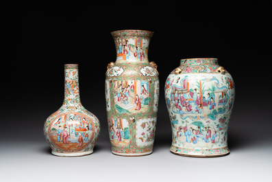 Three Chinese Canton famille rose vases with narrative design, 19th C.