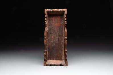 A Chinese Huanghuali wood coffin-shaped offering box and cover with mountainous landscape design, 17/18th C.