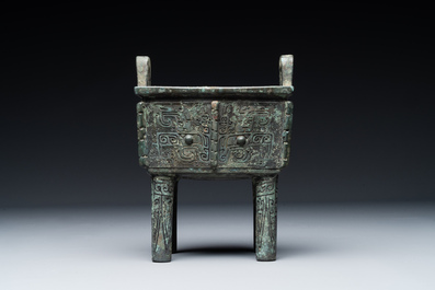 A Chinese rectangular bronze food vessel, 'fang ding 方鼎', Western Zhou