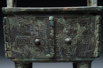 A Chinese rectangular bronze food vessel, 'fang ding 方鼎', Western Zhou
