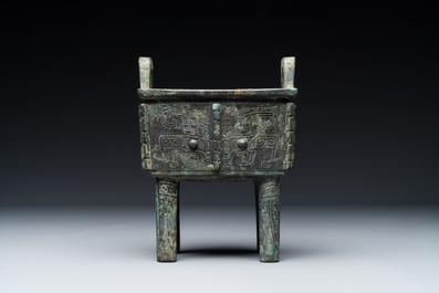 A Chinese rectangular bronze food vessel, 'fang ding 方鼎', Western Zhou