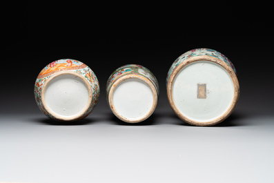 Three Chinese Canton famille rose vases with narrative design, 19th C.