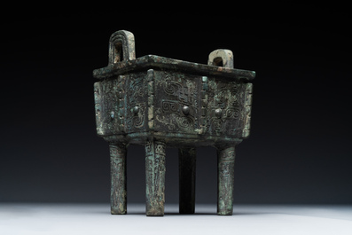 A Chinese rectangular bronze food vessel, 'fang ding 方鼎', Western Zhou