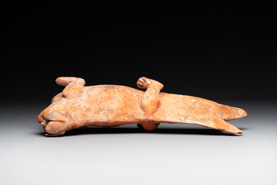 A Chinese Mingqi terracotta amphibian-shaped grave guardian with human head, Western Han