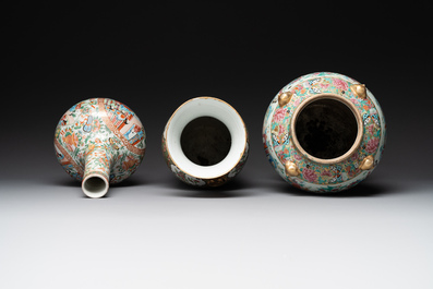 Three Chinese Canton famille rose vases with narrative design, 19th C.