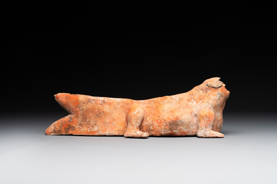 A Chinese Mingqi terracotta amphibian-shaped grave guardian with human head, Western Han