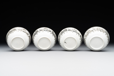 Four Chinese grisaille cups and saucers and a plate with blue-enamelled border, Qianlong
