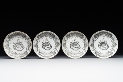 Four Chinese grisaille cups and saucers and a plate with blue-enamelled border, Qianlong