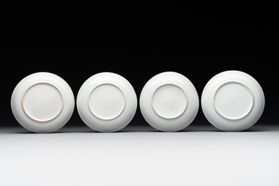 Four Chinese grisaille cups and saucers and a plate with blue-enamelled border, Qianlong