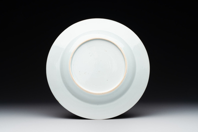 Four Chinese grisaille cups and saucers and a plate with blue-enamelled border, Qianlong