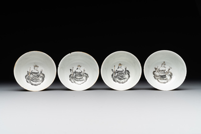 Four Chinese grisaille cups and saucers and a plate with blue-enamelled border, Qianlong