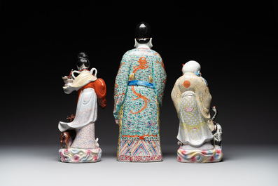 Three Chinese famille rose figures of deities, Deng Yifu 鄧義福 mark, 19th C.