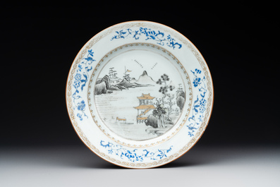Four Chinese grisaille cups and saucers and a plate with blue-enamelled border, Qianlong