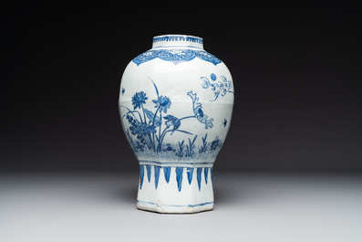 A Chinese octagonal blue and white 'birds and flowers' vase, Transitional period