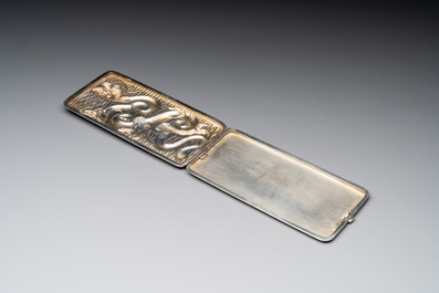 A Chinese silver 'dragon' box and a tobacco box, Sheng chang 昇昌 mark, 19th C.