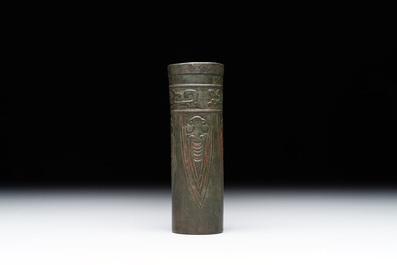 A Chinese bronze cylindrical 'cicada' flower arranging vase, Xuande mark, Ming