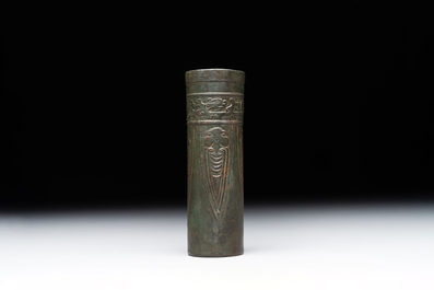 A Chinese bronze cylindrical 'cicada' flower arranging vase, Xuande mark, Ming
