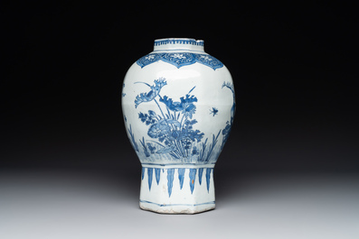 A Chinese octagonal blue and white 'birds and flowers' vase, Transitional period