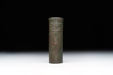 A Chinese bronze cylindrical 'cicada' flower arranging vase, Xuande mark, Ming