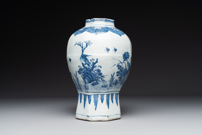 A Chinese octagonal blue and white 'birds and flowers' vase, Transitional period
