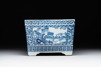 A square Chinese blue and white 'three rams' jardiniere, 19th C.