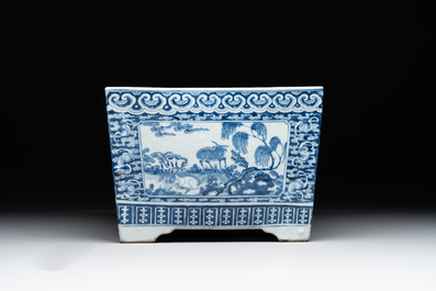 A square Chinese blue and white 'three rams' jardiniere, 19th C.