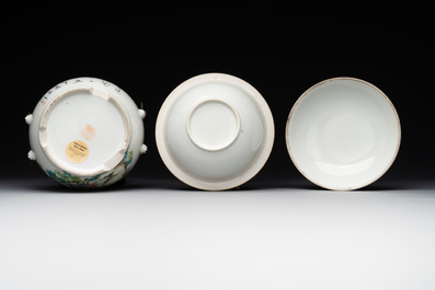 A varied collection of seven Chinese famille rose, verte and monochrome wares, 19th C.