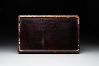 A Chinese polychrome lacquer 'games in the noble garden' tray, 18/19th C.