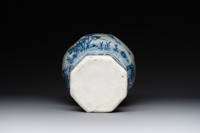 A Chinese octagonal blue and white 'birds and flowers' vase, Transitional period