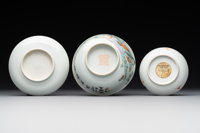 A varied collection of seven Chinese famille rose, verte and monochrome wares, 19th C.