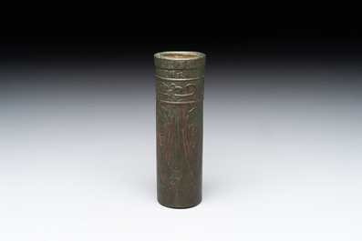 A Chinese bronze cylindrical 'cicada' flower arranging vase, Xuande mark, Ming