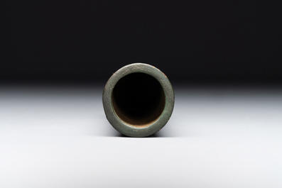 A Chinese bronze cylindrical 'cicada' flower arranging vase, Xuande mark, Ming