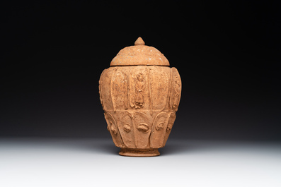 A Chinese painted pottery stick man figure and a pottery 'zodiac' offering vessel, Han/Song