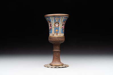 A gilt copper and enamelled water pipe base on wooden stand, Qajar, Iran, 19th C.