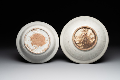 RETURNED 10/12/24 Two Chinese Swatow red-, turquoise- and black-enamelled 'phoenixes' and 'river landscape' dishes, Ming