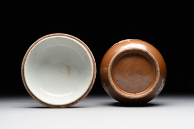 A Chinese slip-decorated brown-glazed 'three friends of winter' bowl and cover, Zhushan kilns, late Ming