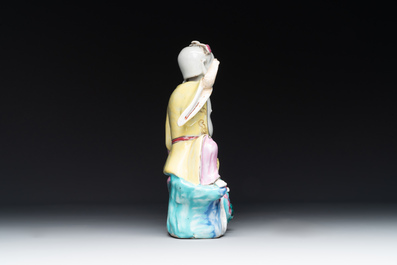 A Chinese famille rose group of Hehe Erxian on wooden stand, Qianlong